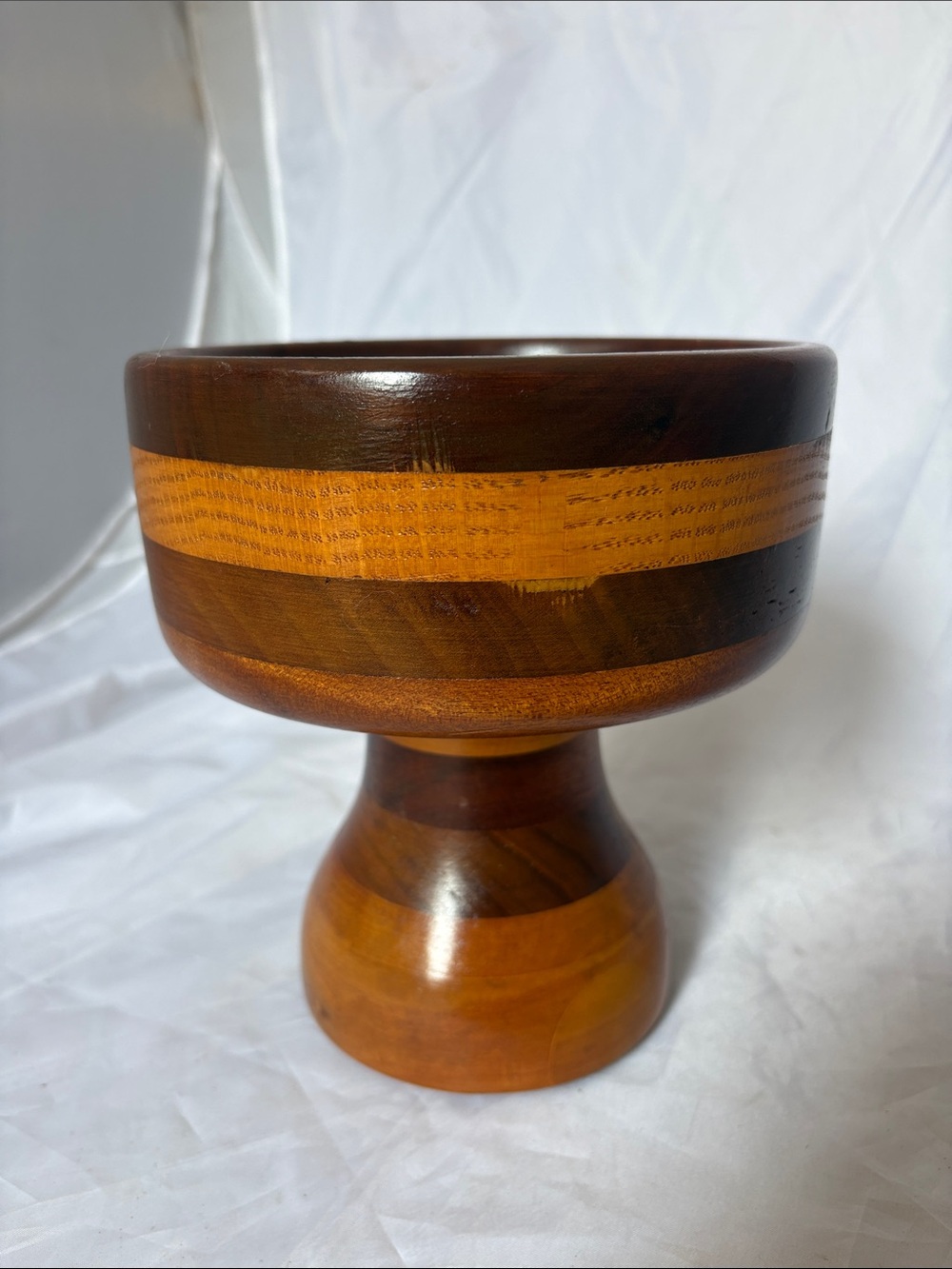 Hand-Turned Wooden Pedestal Bowl in Two-Tone Brown